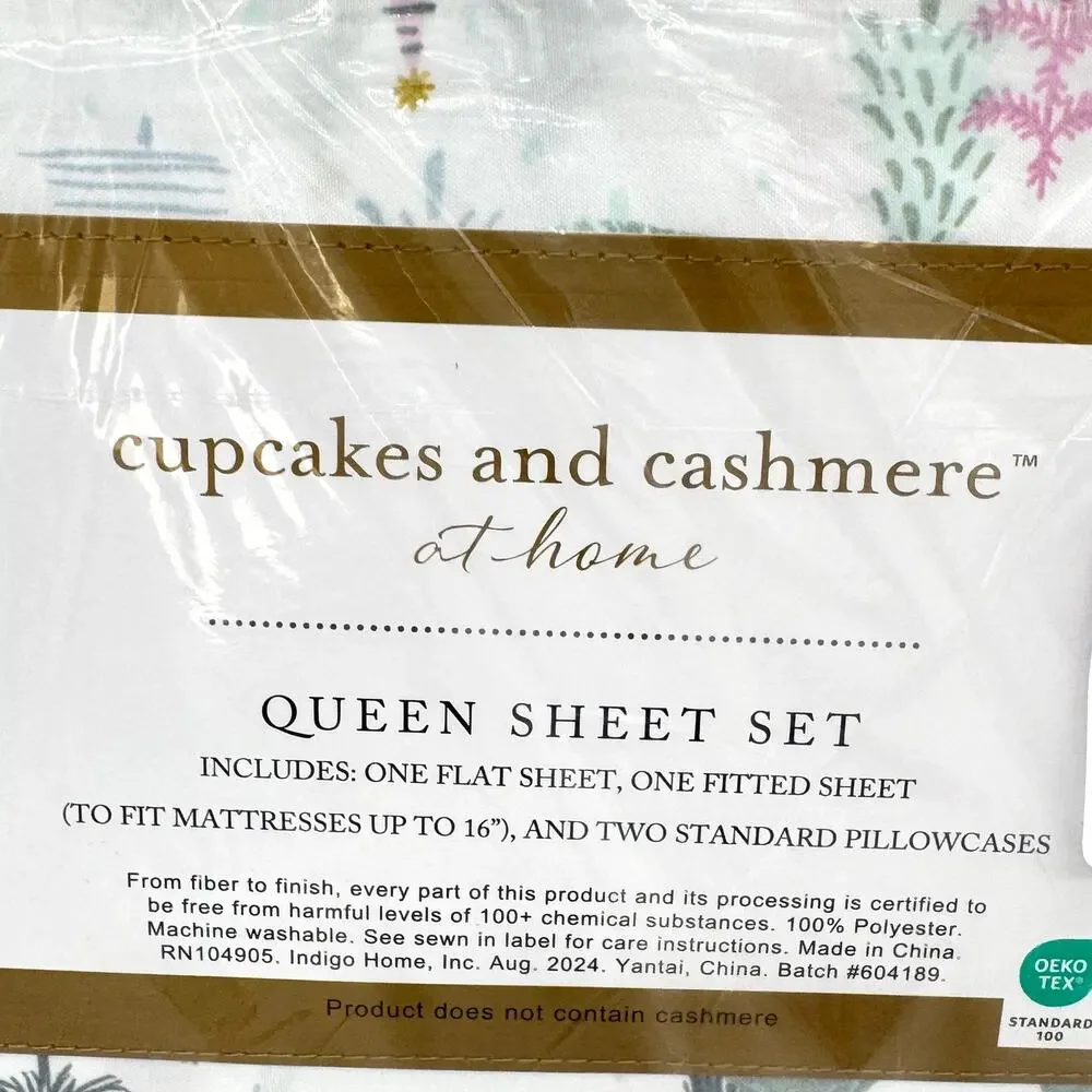 Cupcakes & Cashmere Amsterdamn Trees Pastel Christmas Tree QUEEN Sheet Set NEW